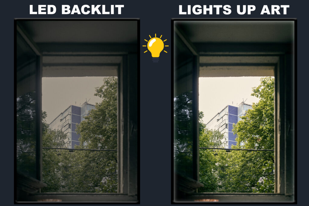 LED Backlit Window View Wall Art – City Buildings Behind Trees