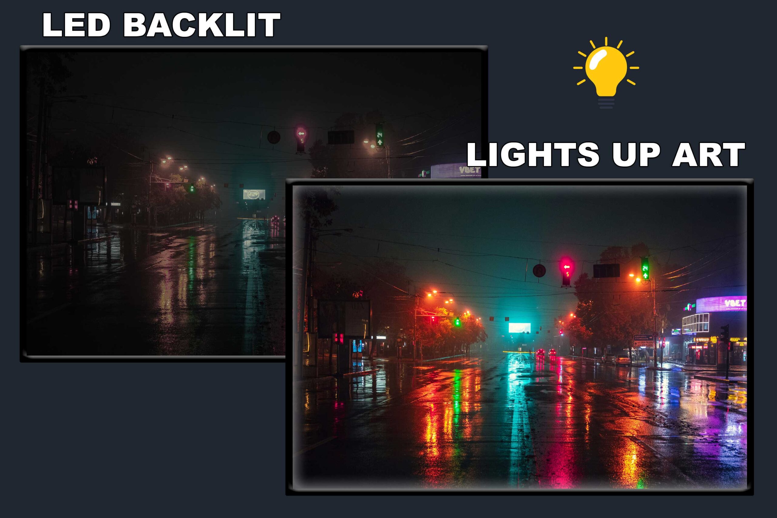 LED Backlit Cyberpunk Wall Art – Empty Rainy Street