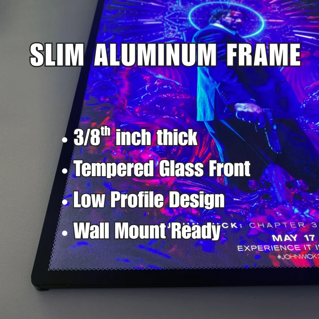 Close-up of slim 3/8-inch black aluminum LED lightbox frame with tempered glass front