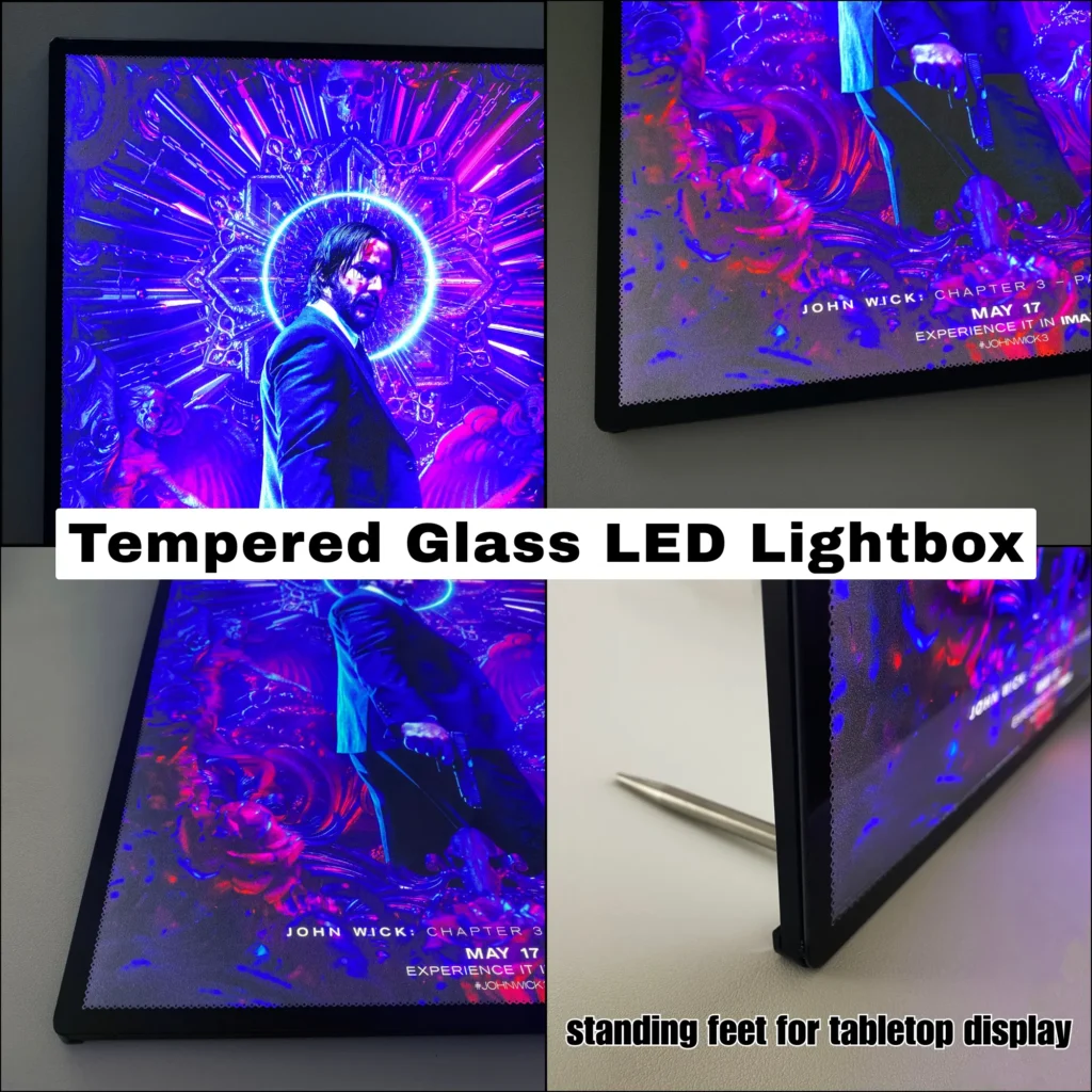 Close-up of a slim LED lightbox with tempered glass front and removable tabletop feet