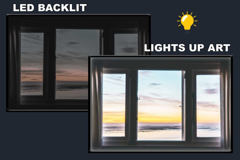 LED Backlit Window View Wall Art – White Wooden Window View Near Water