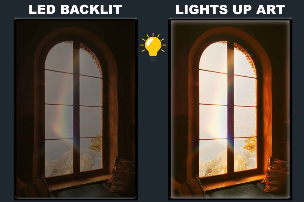 LED Backlit Window View Wall Art – White Wooden Framed Glass Window