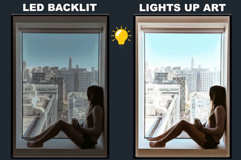 LED Backlit Window View Wall Art – Woman Beside a City Window