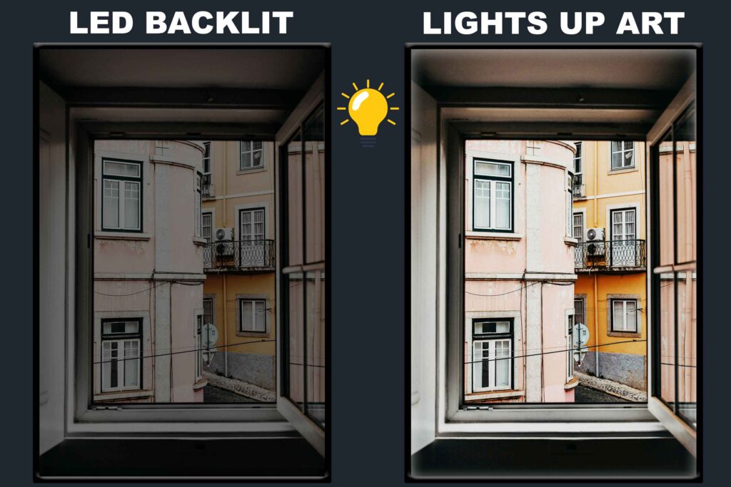 LED Backlit Window View Wall Art – Open Window Overlooking City Buildings