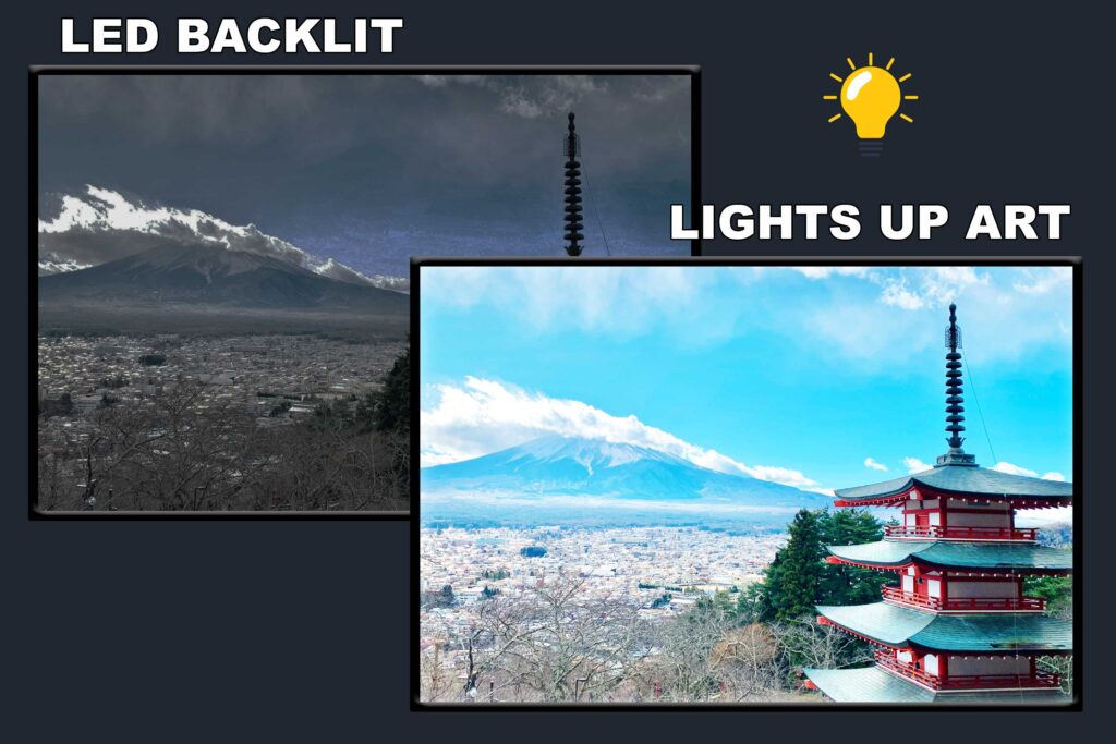 LED Backlit Japanese Wall Art – Tall Pagoda With A Mountain Design 4