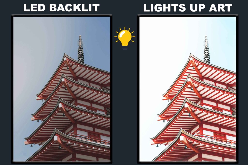 LED Backlit Cityscape Wall Art – Red and White Tower beneath the Sky