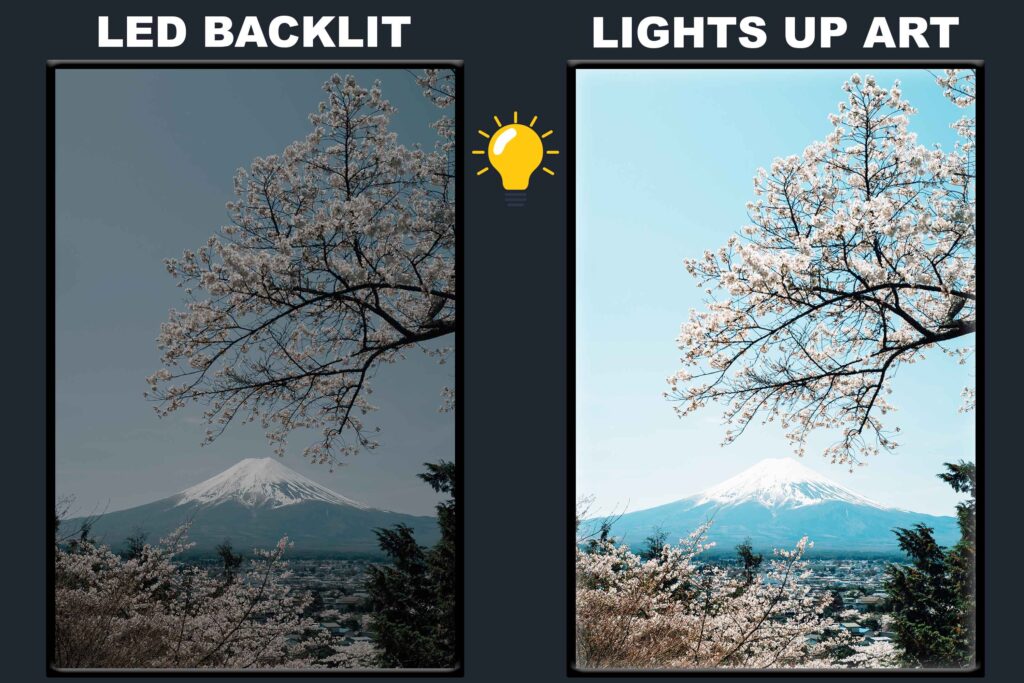 LED Backlit Nature Wall Art – White Blossoms with Mountain View