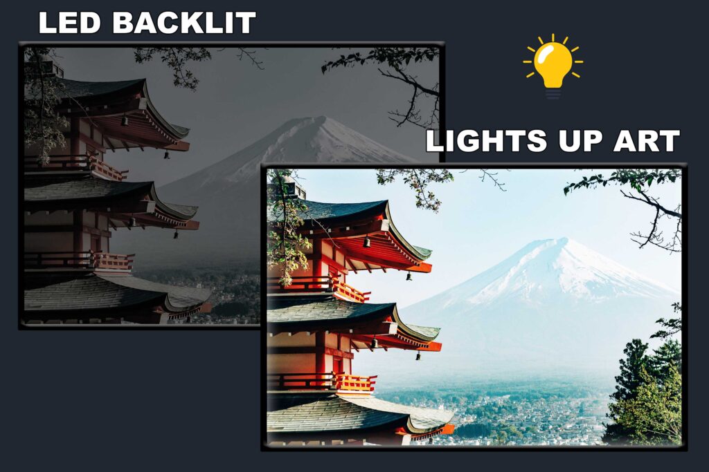 LED Backlit Japanese Wall Art – Pagodas beneath a Mountain