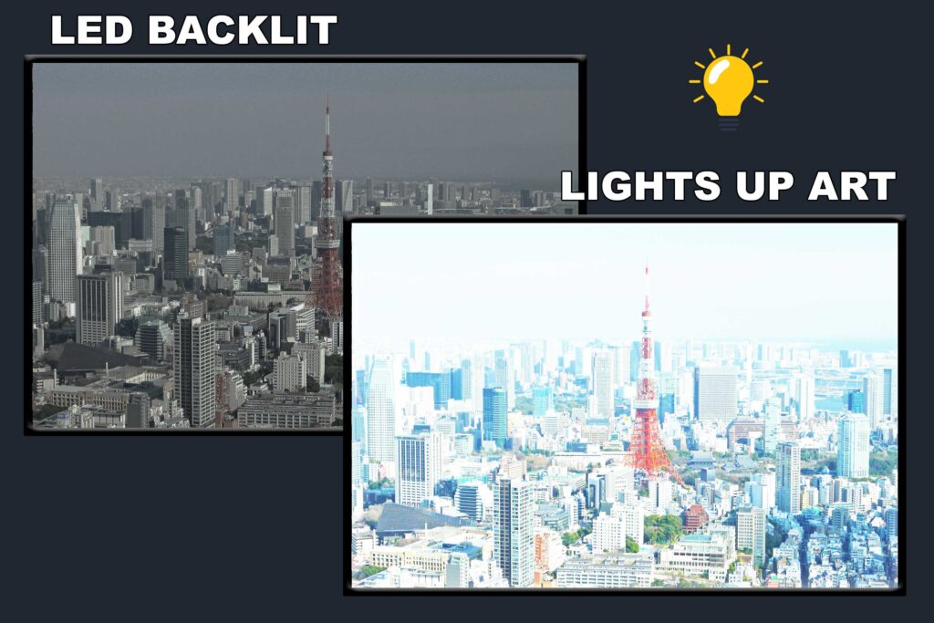 LED Backlit Cityscape Wall Art – Red Tower above City Buildings