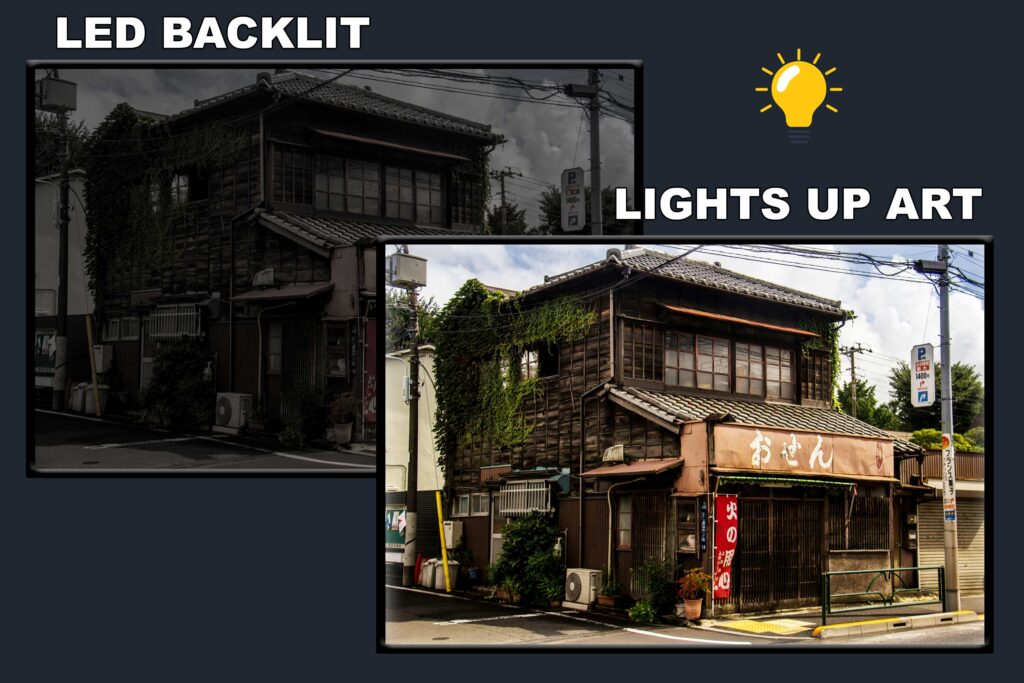 LED Backlit Nature Wall Art – Two-Story House beneath Cloudy Skies