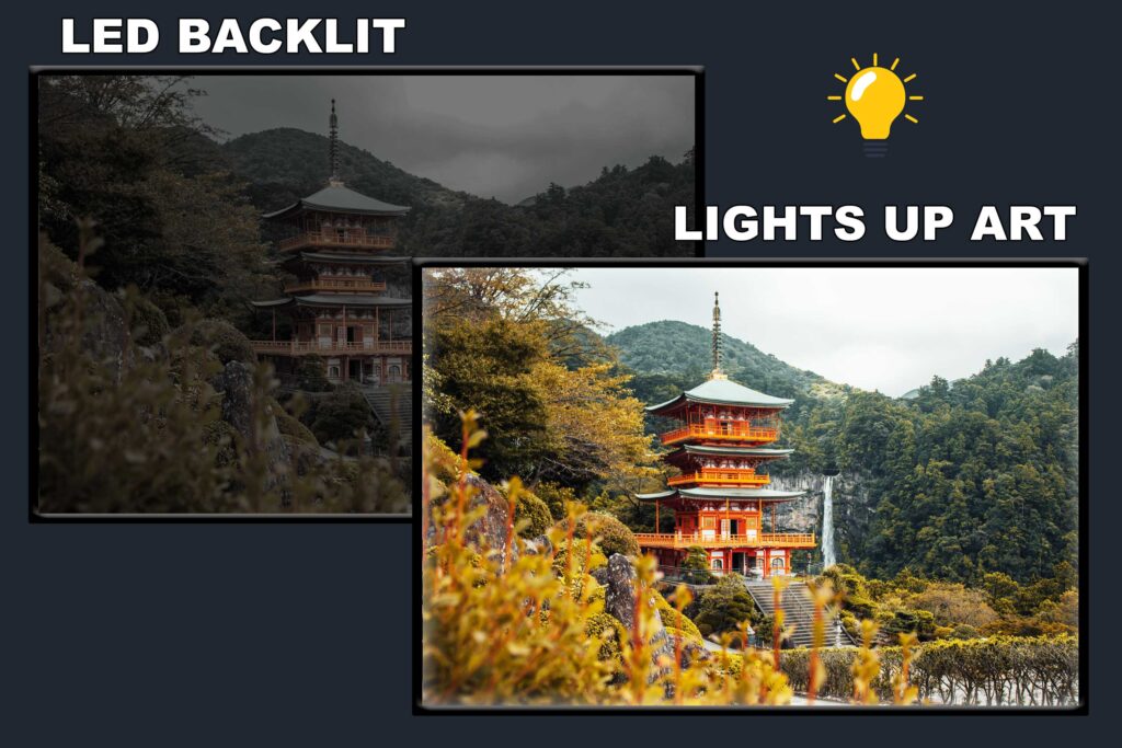 LED Backlit Japanese Wall Art – Blue Pagoda beneath the Mountains