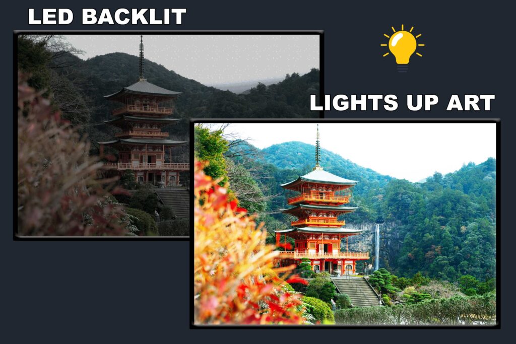 LED Backlit Japanese Wall Art – White Temple among Green Trees