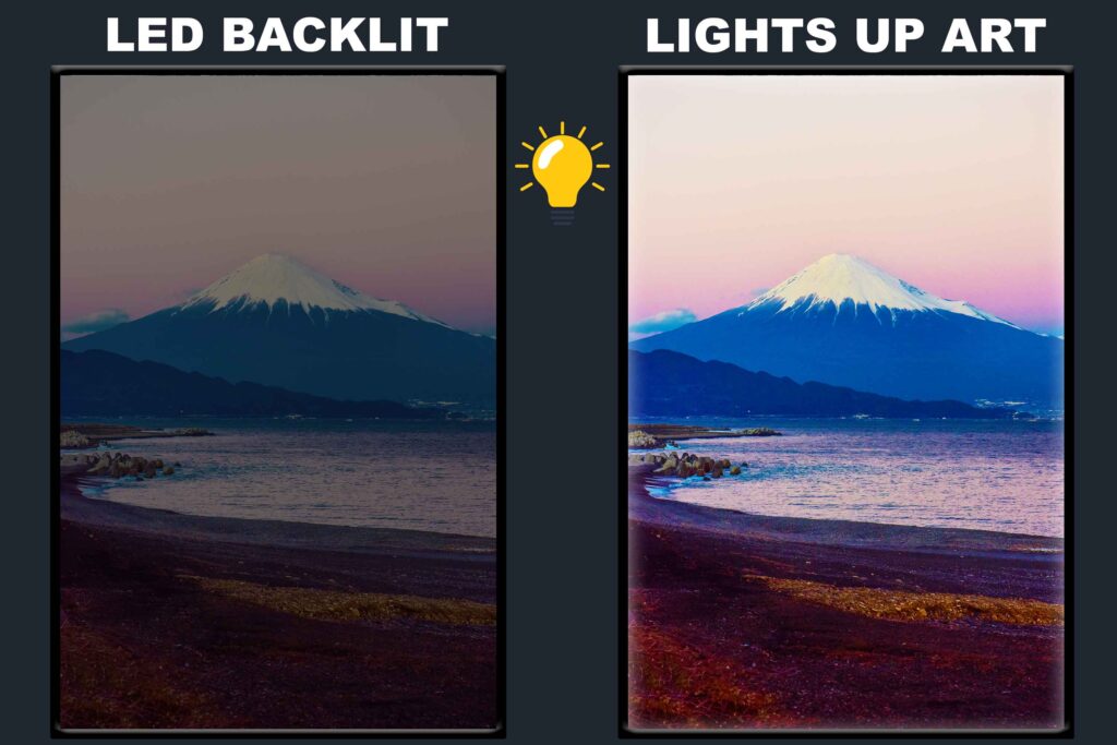 LED Backlit Nature Wall Art – Mountain Beach beneath White Clouds
