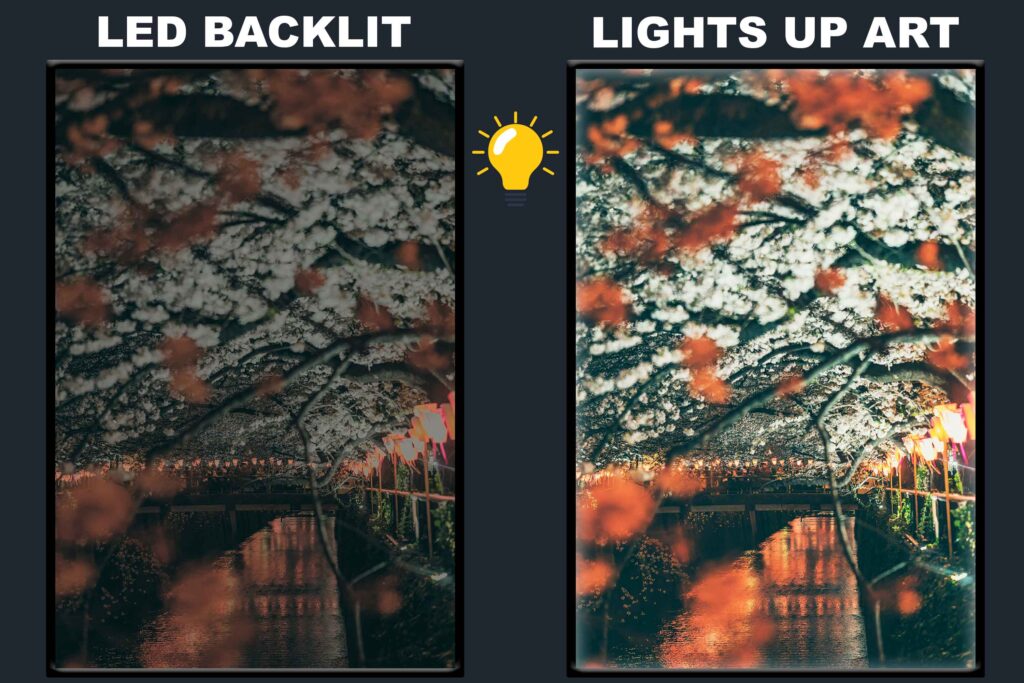 LED Backlit Japanese Wall Art – Cherry Blossom Trees Beside Lake