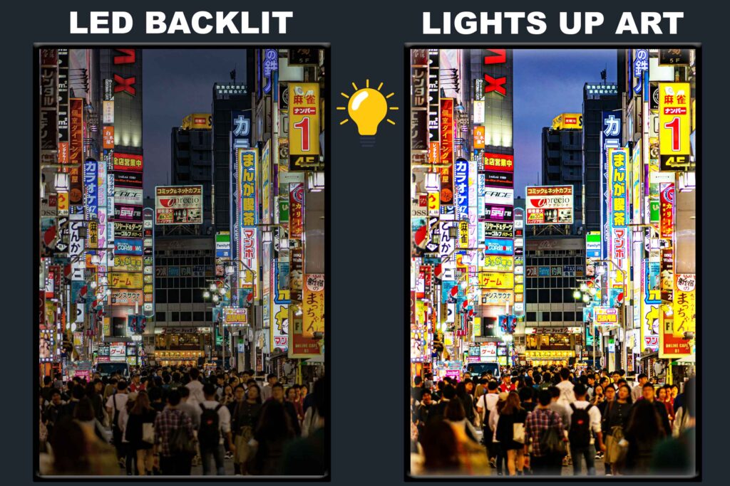LED Backlit Cityscape Wall Art – Busy Night Street with Illuminated Signs