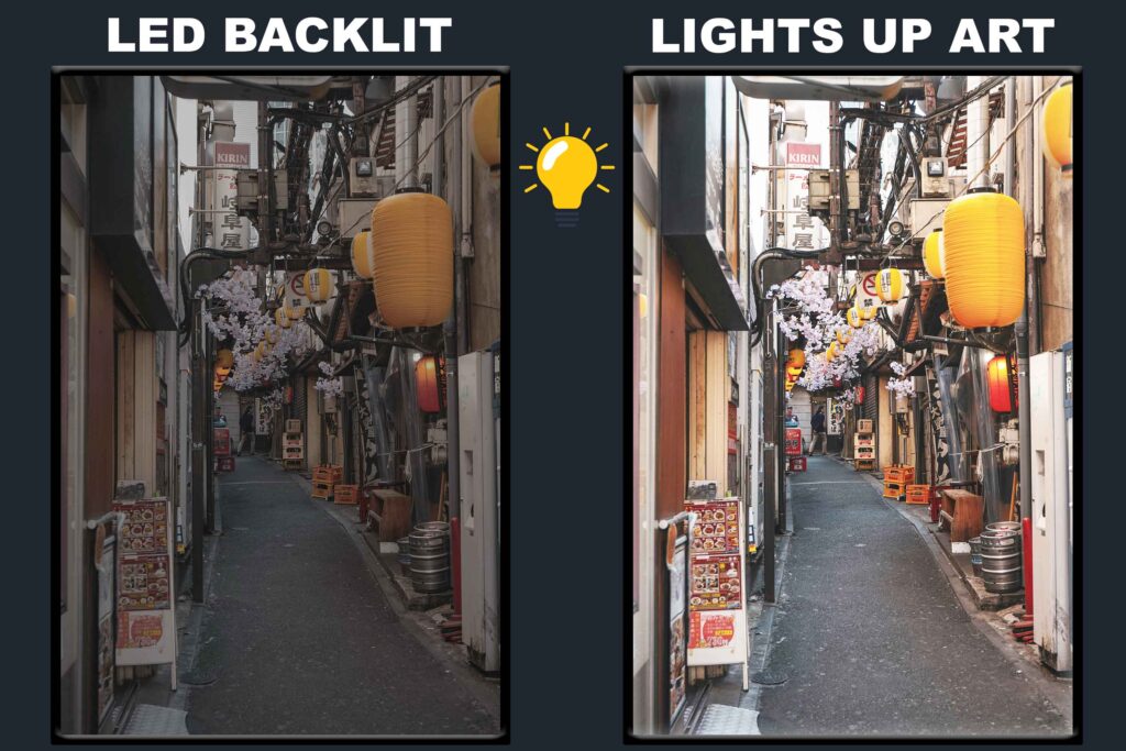 LED Backlit Cityscape Wall Art – Narrow Road between City Buildings