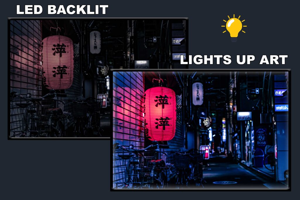 LED Backlit Japanese Wall Art – Japanese Lanterns over a City Bicycle at Night