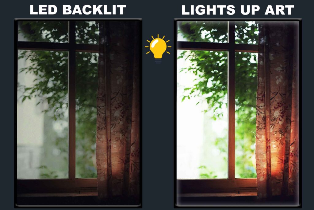 LED backlit window view wall art showing floral curtains and green trees
